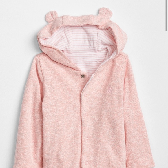 Baby Gap Bear 3-6M Reversible Hoodie Sweatshirt Jacket snaps pink stripes - Picture 2 of 9